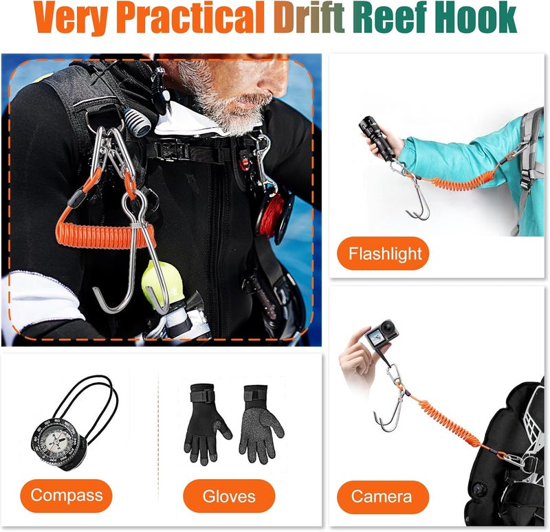 Pluzluce Scuba Diving Reef Double Hook, Drift Safety Telescopic Spring Rope Stainless Steel Reefing Hook with D Ring Carabiner for Drift, Diving, Photographers, and Underwater Activities - Image 3